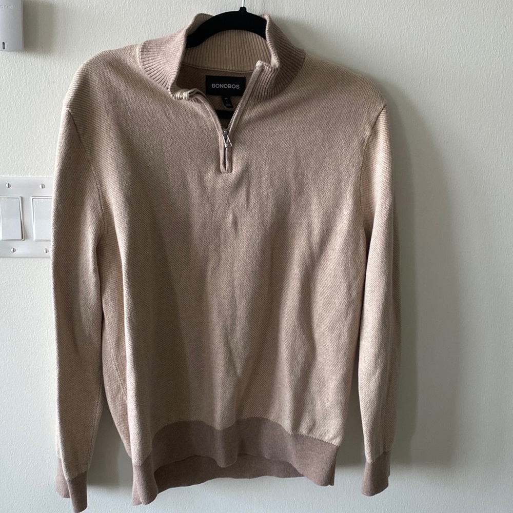 Bonobos | Mens Large | Tan Quarter Zip Sweater 95% Cotton 5% Cashmere